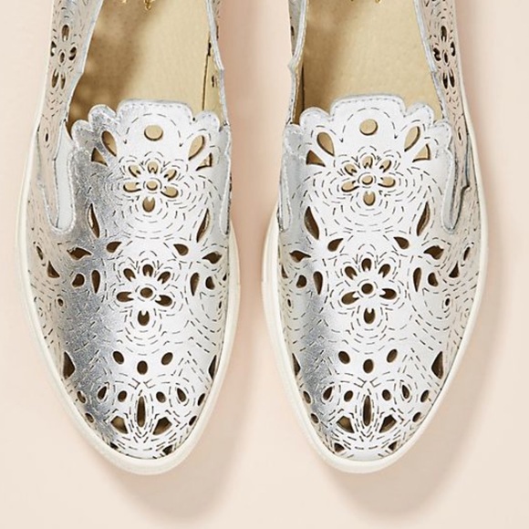 Silver Leather Laser Cut Platform Slip On Sneakers - Picture 2 of 5